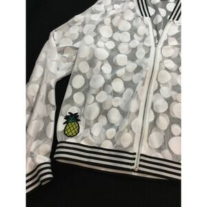 Zoe White Polka Dot Sheer Mesh Bomber Jacket Pineapple Patch Striped Trim‎ L